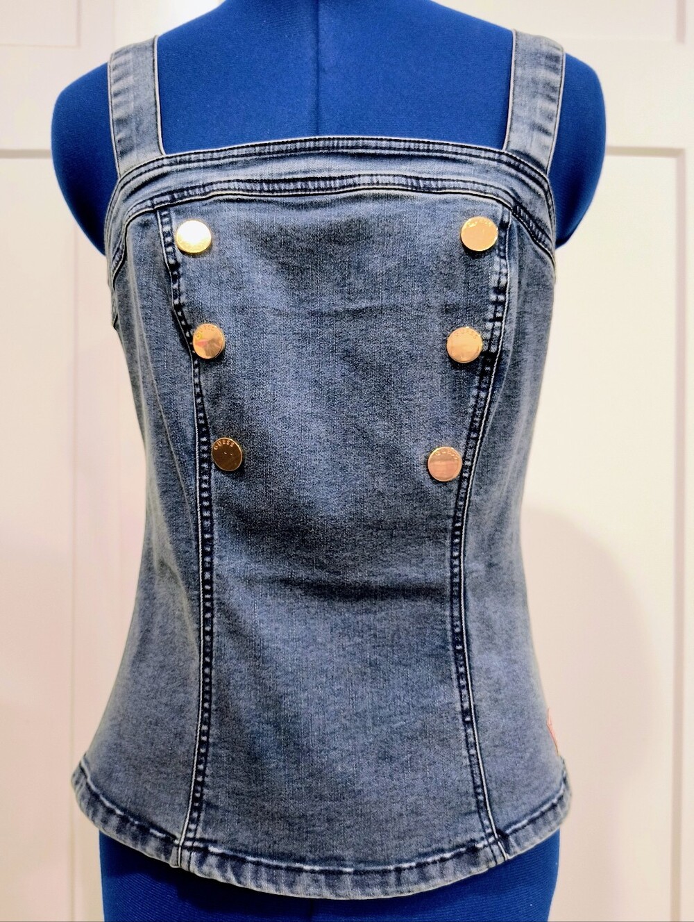 NWT Guess Denim Button-Front Tank Top in Blue with Gold Accents